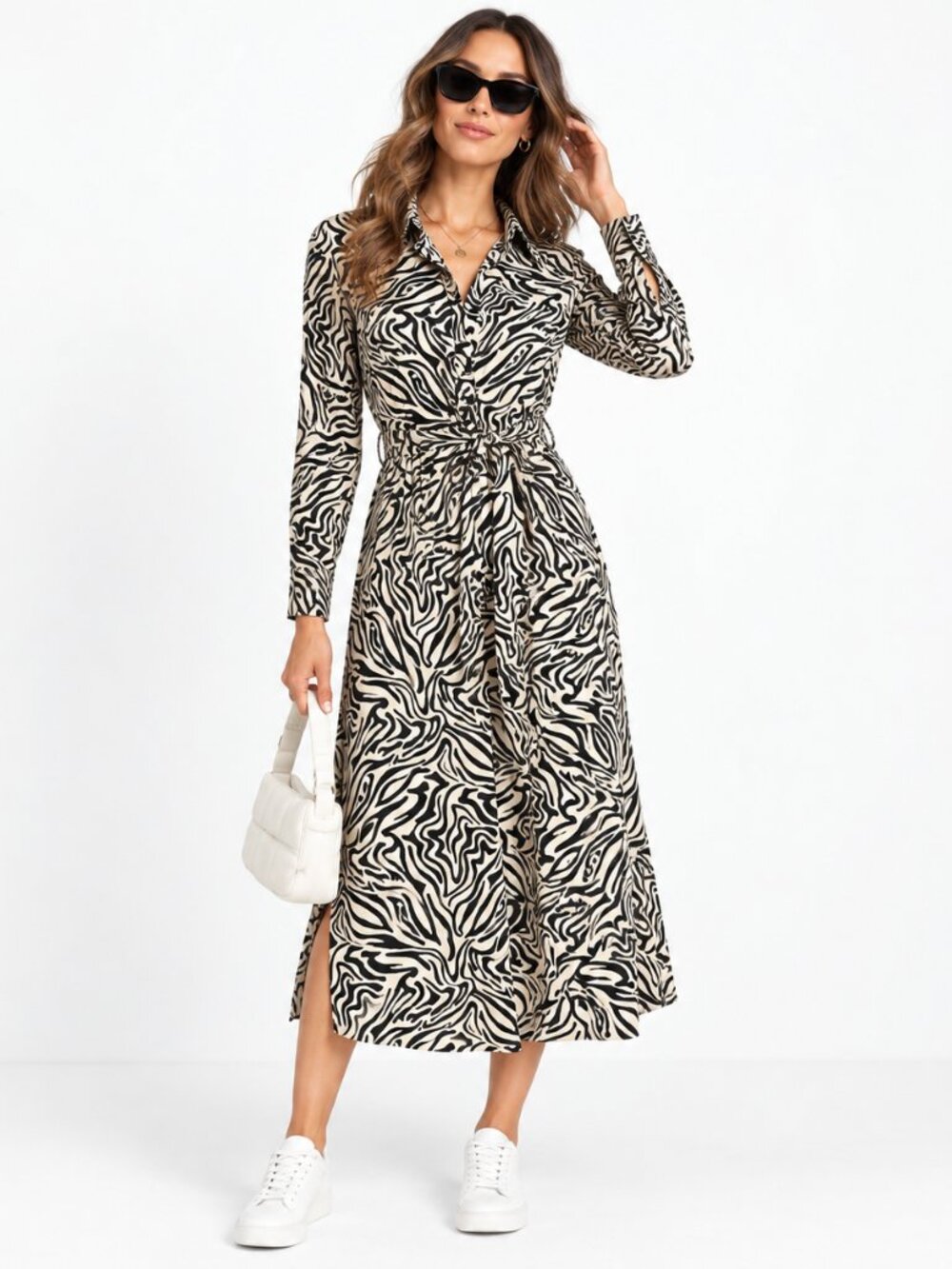 Stradivarius Midi Shirt Dress in Brown Abstract Animal Print – Size US 6 (S)